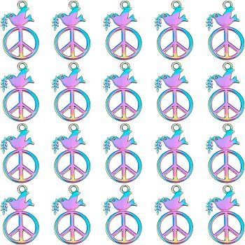 20Pcs Rainbow Color Alloy Pendants, Cadmium Free & Nickel Free & Lead Free, Peace Sign with Dove, 28x17x1.5mm, Hole: 2mm