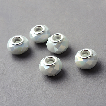 Electroplated Glass European Beads, Large Hole Beads, with Brass Cores, Silver Color Plated, Imitation Jade, Faceted Rondelle, Creamy White, 14x9.5mm, Hole: 5mm