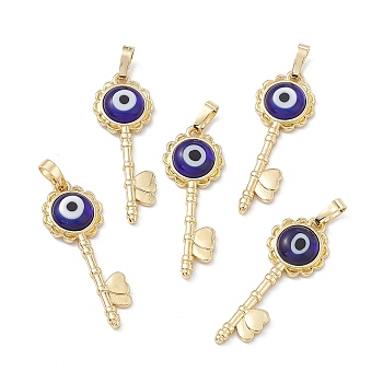 Handmade Evil Eye Lampwork Pendants, with Rack Plating Real 18K Gold Plated Brass Findings, Long-Lasting Plated, Flower Key with Heart, Medium Blue, 33x12x3.5mm, Hole: 4x7mm