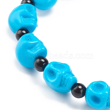 Natural Mashan Jade Skull Beaded Stretch Bracelet with Synthetic Turquoise(Dyed) Cross Charm(BJEW-JB08378-04)-5