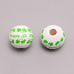 Wooden Beads, Printed, Round with Word & Clover Pattern, Lawn Green, 16mm, Hole: 4mm(WOOD-WH0015-90)