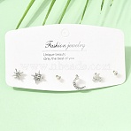 3 Pairs Alloy & Rhinestone Stud Earrings for Women, Star 7 Moon & Sun, with 925 Sterling Silver Pins, Platinum, 3.5~11x3.5~10mm(AL-CBA004A-02P)