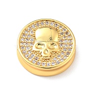 Brass Micro Pave Clear Cubic Zirconia Beads, Long-Lasting Plated, Lead Free & Cadmium Free, Flat Round with Skull, Real 18K Gold Plated, 14.5x4mm, Hole: 1.8mm(KK-E001-01G)