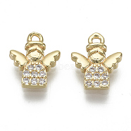 Brass Micro Pave Clear Cubic Zirconia Charms, Nickel Free, Angel, Real 18K Gold Plated, 10.5x9x2mm, Hole: 1mm(KK-S348-530-NF)