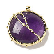 Constellation Natural Amethyst Pendants, Brass Flat Round Charms, Golden, Taurus, 32x30x9mm, Hole: 2mm(G-A300-E04)