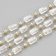 Handmade Glass Beaded Chains, Soldered, with Spool, with Brass Findings, Faceted, Rectangle, Clear, Real 18K Gold Plated, 2.5mm, about 16.4 Feet(5m)/roll(CHC-S004-05G)