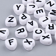 Opaque Acrylic Enamel Beads, Horizontal Hole, Heart with Mixed Black Letters, White, 7x7x4mm, Hole: 1.5mm, about 3600pcs/500g(MACR-S273-37A)