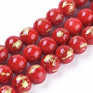 Natural Jade Beads Strands, with Gold Foil, Dyed, Round, Red, 6mm, Hole: 1mm, about 70pcs/strand, 15.75 inch(40cm)(X-G-F670-A14-6mm)