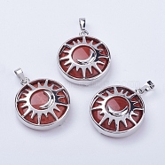 Natural Red Jasper Pendants, with Brass Findings, Flat Round with Sun & Moon, Platinum, 31x27.5x8mm, Hole: 5x7mm(G-K234-B14)
