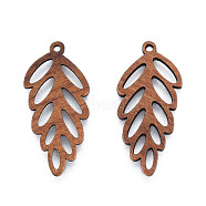 Natural Walnut Wood Pendants, Undyed, Hollow Leaf Charm, Camel, 35x16.5x2.5mm, Hole: 1.6mm(WOOD-N011-015)