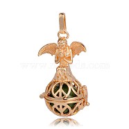 Golden Plated Brass Hollow Round Cage Pendants, with No Hole Spray Painted Brass Beads, Olive Drab, 45x25x24mm, Hole: 3x8mm(KK-J251-08G)