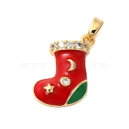 Christmas Theme Rack Plating Brass Cubic Zirconia Pendants, with Enamel, Long-Lasting Plated, Lead Free & Cadmium Free, Real 18K Gold Plated, Christmas Socking, 20x17x5mm, Hole: 4x2mm(KK-K385-119G-05)