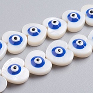Natural Shell Beads Strands, with Enamel, Heart with Evil Eye, Royal Blue, 11x12x4.5mm, Hole: 0.6mm, about 35pcs/strand, 15.16 inch(38.5cm)(SSHEL-I024-02A)