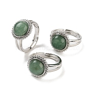 Natural Green Aventurine Round Adjustable Rings, Platinum Plated Brass Finger Rings for Men, Inner Diameter: 18mm(RJEW-K271-02P-05)