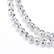Electroplate Non-magnetic Synthetic Hematite Bead Strands, Round, Faceted, Silver Plated, 6mm, Hole: 1mm, about 65pcs/strand, 15.7 inch(G-Q465-23S)