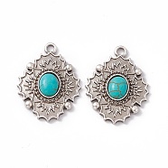 Synthetic Turquoise Pendants, Oval Charms, with Rack Plating Alloy Findings, Antique Silver, 35x27x6mm, Hole: 3mm(PALLOY-D013-07AS)