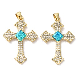 Rack Plating Brass Micro Pave Cubic Zirconia Pendants, Cadmium Free & Lead Free, Long-Lasting Plated, Cross, Real 18K Gold Plated, 33.5x23.5x2.5mm, Hole: 4x3mm(KK-P268-17E-G)