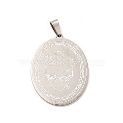 304 Stainless Steel Pendants, Oval with Heart Charm, Stainless Steel Color, 34x25x1.5mm, Hole: 8x4mm(STAS-B037-01P)