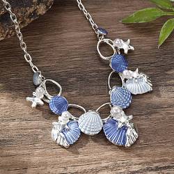 Summer Beach Alloy Colorful Enamel Starfish & Shell Bib Necklaces, Silver, 19-1/2 inch(49.4cm)(NJEW-B113-01)