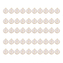 Golden Plated Alloy Charms, with Enamel, Enamelled Sequins, Flat Round, White, Letter.S, 14x12x2mm, Hole: 1.5mm, 50pcs/Box(ENAM-SZ0001-25A-S)
