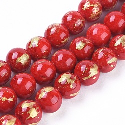 Natural Mashan Jade Beads Strands, with Gold Foil, Dyed, Round, Red, 6mm, Hole: 1mm, about 70pcs/strand, 15.75 inch(40cm)(X-G-F670-A14-6mm)