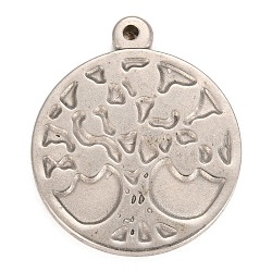 304 Stainless Steel Pendants, Flat Round with Tree of Life, Stainless Steel Color, 35x30x3mm, Hole: 2mm(STAS-Z016-09P)