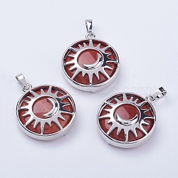 Natural Red Jasper Pendants, with Brass Findings, Flat Round with Sun & Moon, Platinum, 31x27.5x8mm, Hole: 5x7mm(G-K234-B14)
