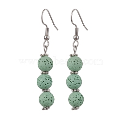 Dyed Nature Lava Rock Round Beaded Dangle Earrings for Women, Dark Sea Green, 53.5x8mm(EJEW-JE05636-03)