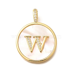 Rack Plating Brass Micro Pave Clear Cubic Zirconia Pendants with Shell, Letter Series Charms, Long-Lasting Plated, Lead Free & Cadmium Free, Letter W, 32x24x3.5mm, Hole: 6x3mm(KK-M309-42G-W)