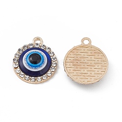 Alloy Crystal Rhinestone Pendants, with Resin Evil Eye, Flat Round Charms, Light Gold, 20x16.5x4.5mm, Hole: 1.8mm(FIND-C019-01KCG)