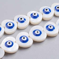 Natural Shell Beads Strands, with Enamel, Heart with Evil Eye, Royal Blue, 11x12x4.5mm, Hole: 0.6mm, about 35pcs/strand, 15.16 inch(38.5cm)(SSHEL-I024-02A)