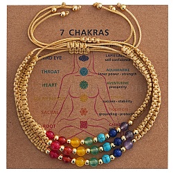 3Pcs Adjustable Chakra Natural & Synthetic Mixed Stone Round Bead Braided Bracelet Sets, Yellow, Inner Diameter: 11.02 inch(28cm)(ZZ4943-7)