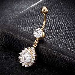 Brass Cubic Zirconia Navel Ring, Belly Rings, with 304 Stainless Steel Bar, Cadmium Free & Lead Free, Real 18K Gold Plated, teardrop, Clear, 41x13mm, Bar: 15 Gauge(1.5mm), Bar Length: 3/8"(10mm)(AJEW-EE0004-09)