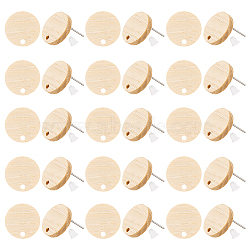 30Pcs Wood Stud Earring Finding, with Zinc Alloy Pin and Hole, Flat Round, with 30Pcs Plastic Ear Nuts, Blanched Almond, 15mm, Hole: 1.8mm, Pin: 0.9mm(WOOD-OC0002-71)