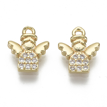 Brass Micro Pave Clear Cubic Zirconia Charms, Nickel Free, Angel, Real 18K Gold Plated, 10.5x9x2mm, Hole: 1mm