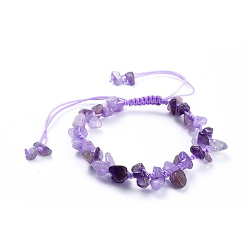 Adjustable Natural Amethyst Chip Beads Braided Bead Bracelets, with Nylon Thread, 1-7/8 inch(4.8cm)