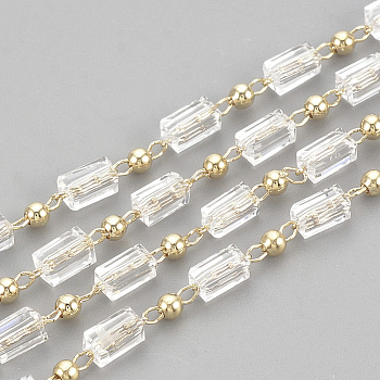Handmade Glass Beaded Chains, Soldered, with Spool, with Brass Findings, Faceted, Rectangle, Clear, Real 18K Gold Plated, 2.5mm, about 16.4 Feet(5m)/roll