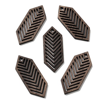Walnut Wood Hollow Pendants, Double Terminal Pointed Hexagon Charms, Undyed, Coffee, 45x17x2mm, Hole: 3x3.5mm