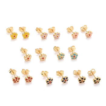304 Stainless Steel Enamel with Glitter Stud Earrings, with 316 Stainless Steel Pin, Flower, Mixed Color, 6.5x6.5x2.5mm, Pin: 0.8mm