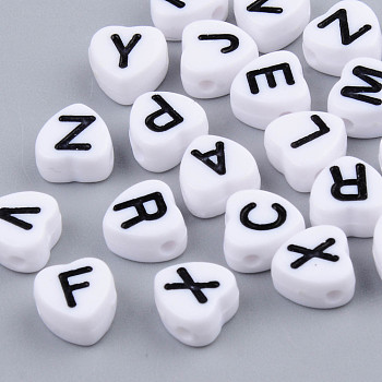 Opaque Acrylic Enamel Beads, Horizontal Hole, Heart with Mixed Black Letters, White, 7x7x4mm, Hole: 1.5mm, about 3600pcs/500g