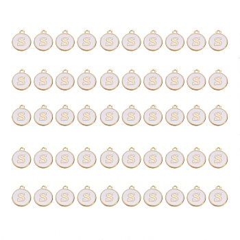 Golden Plated Alloy Charms, with Enamel, Enamelled Sequins, Flat Round, White, Letter.S, 14x12x2mm, Hole: 1.5mm, 50pcs/Box