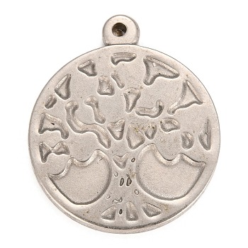 304 Stainless Steel Pendants, Flat Round with Tree of Life, Stainless Steel Color, 35x30x3mm, Hole: 2mm
