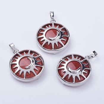 Natural Red Jasper Pendants, with Brass Findings, Flat Round with Sun & Moon, Platinum, 31x27.5x8mm, Hole: 5x7mm