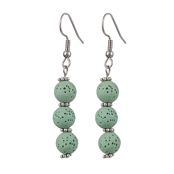 Dyed Nature Lava Rock Round Beaded Dangle Earrings for Women, Dark Sea Green, 53.5x8mm