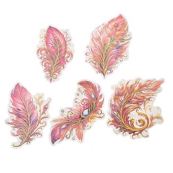 5Pcs 5 Styles Feather Waterproof PET Stickers Sets, Adhesive Decals for DIY Scrapbooking, Photo Album Decoration, Pink, 93~120x62~85x0.2mm, 1pc/style