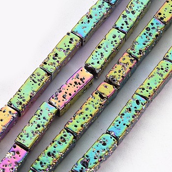 Electroplated Natural Lava Rock Beads Strands, Cuboid, Bumpy, Colorful, 12.5x4x4mm, Hole: 1mm, about 32pcs/strand, 15.75 inch(40cm)