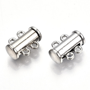 2-Strands Brass Magnetic Slide Lock Clasps, 4-Hole, Tube, Platinum, 15x10.5x6.5mm, Hole: 1.5mm