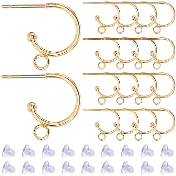 24Pc 304 Stainless Steel Stud Earring Findings, Half Hoop Earrings, with Loop, 30Pcs Plastic Ear Nuts, Real 24K Gold Plated, 15.5x12.5x2.4mm, Pin: 0.7mm