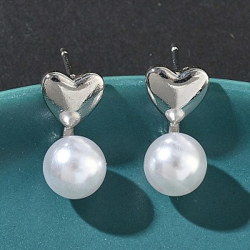 Heart Brass Plastic Pearl Dangle Stud Earrings, Rack Plating, Long-Lasting Plated, Cadmium Free & Lead Free, Platinum, 16.5x8mm