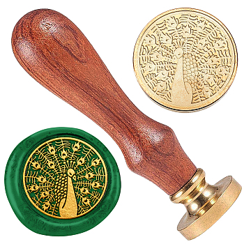 Wax Seal Stamp Set, 1Pc Golden Tone Sealing Wax Stamp Solid Brass Head, with 1Pc Wood Handle, for Envelopes Invitations, Gift Card, Peacock, 83x22mm, Stamps: 25x14.5mm